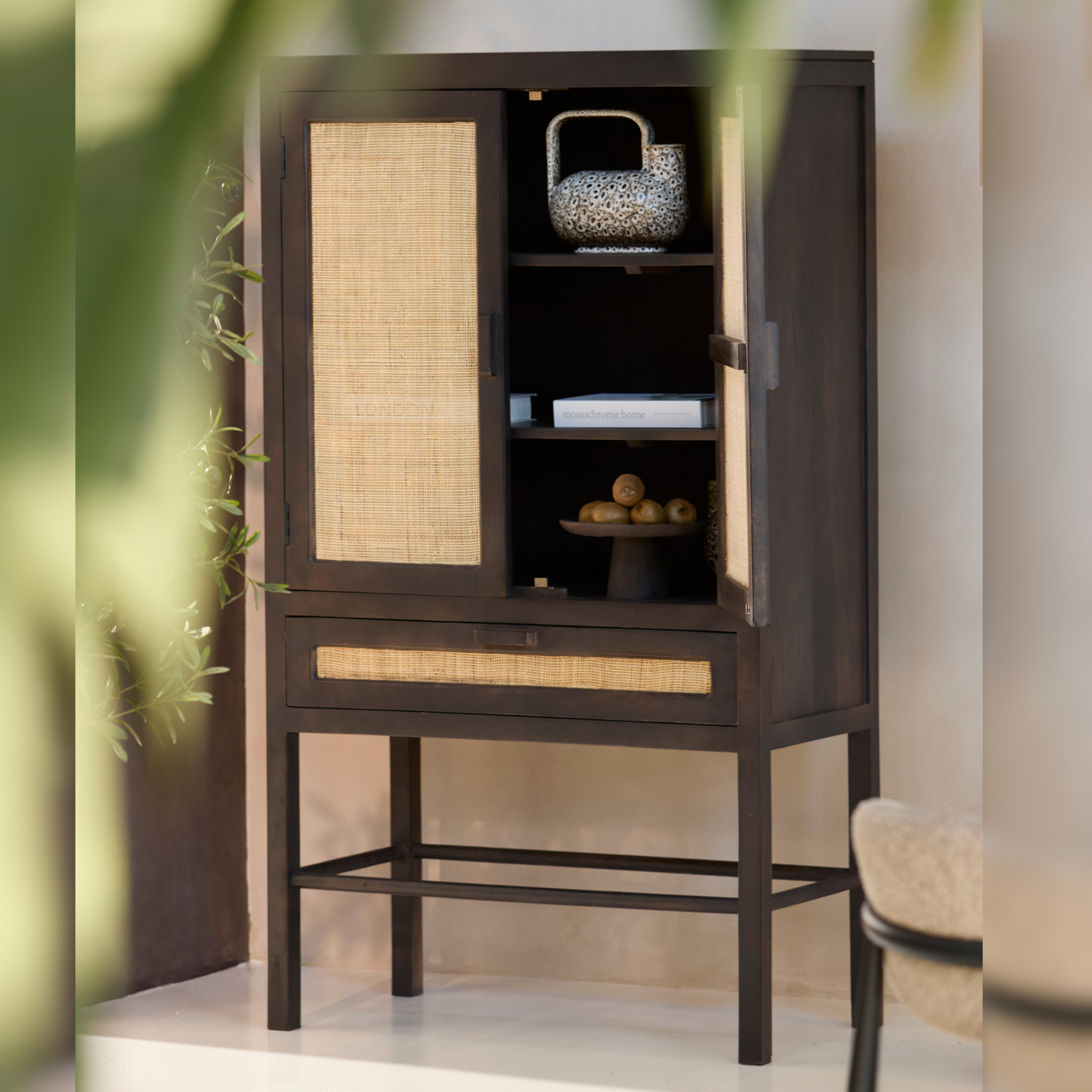 Kyoto - Dark Mango Wood & Rattan Standing Display Cabinet