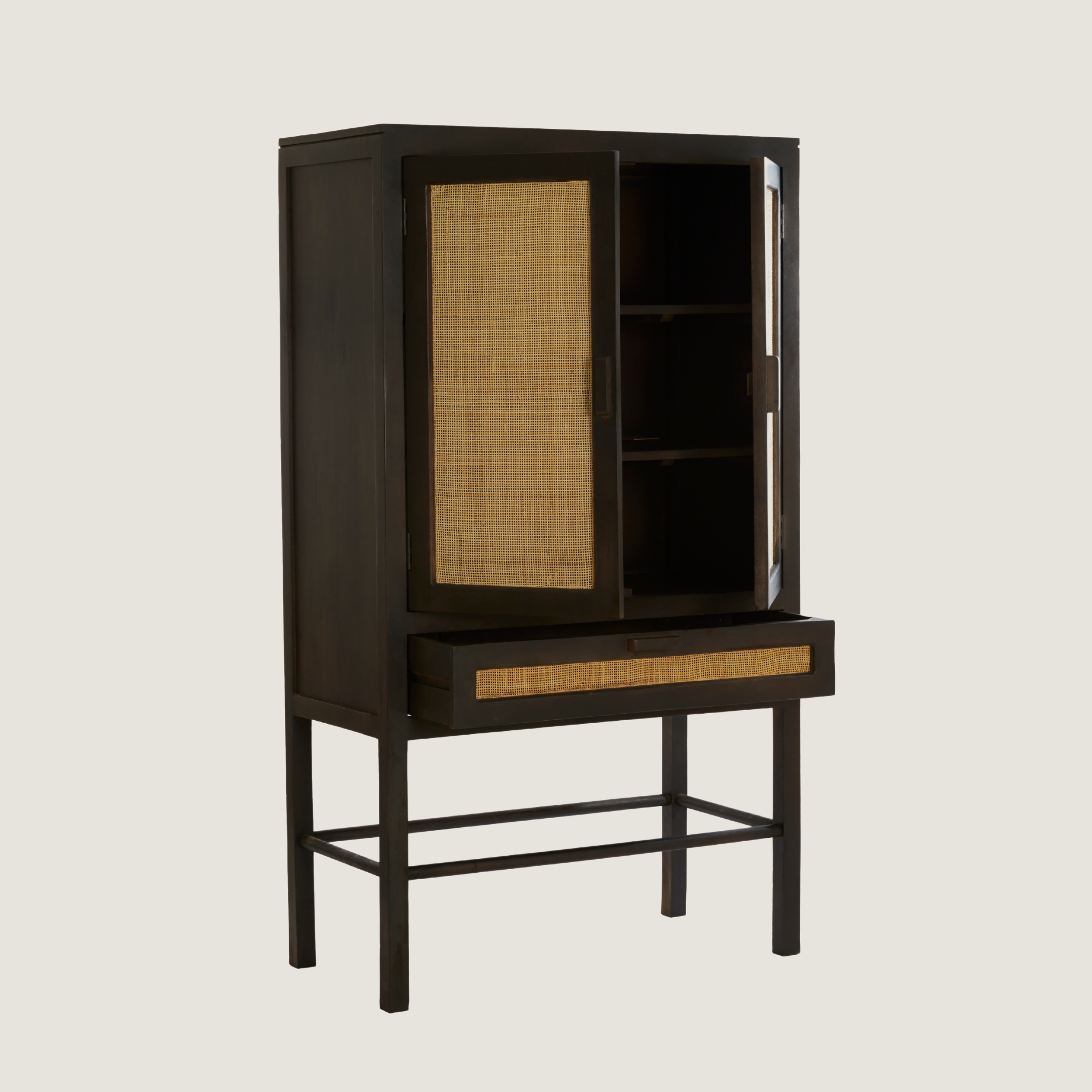 Kyoto - Dark Mango Wood & Rattan Standing Display Cabinet