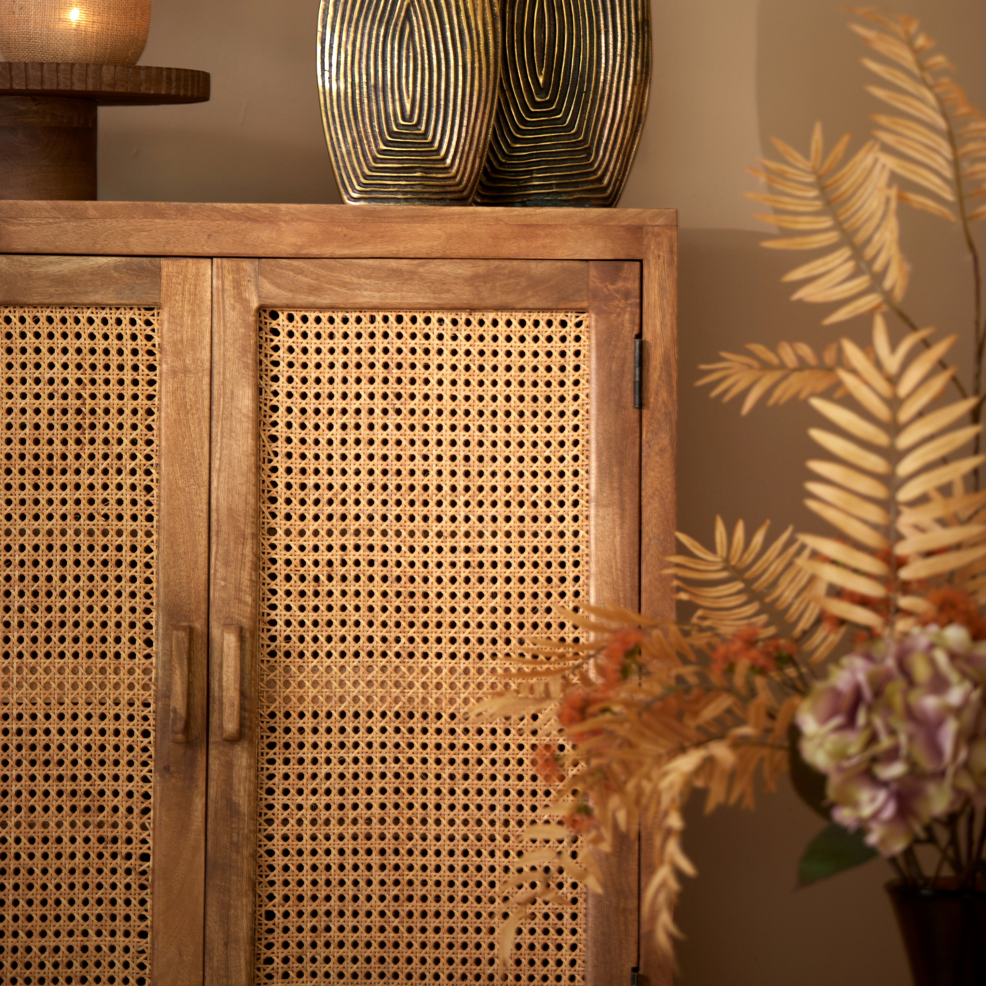 Kyoto - Light Mango Wood & Rattan Standing Display Cabinet