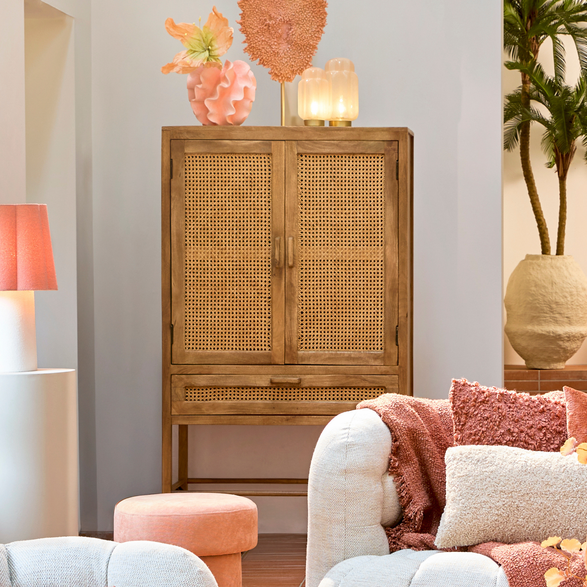 Kyoto - Light Mango Wood & Rattan Standing Display Cabinet