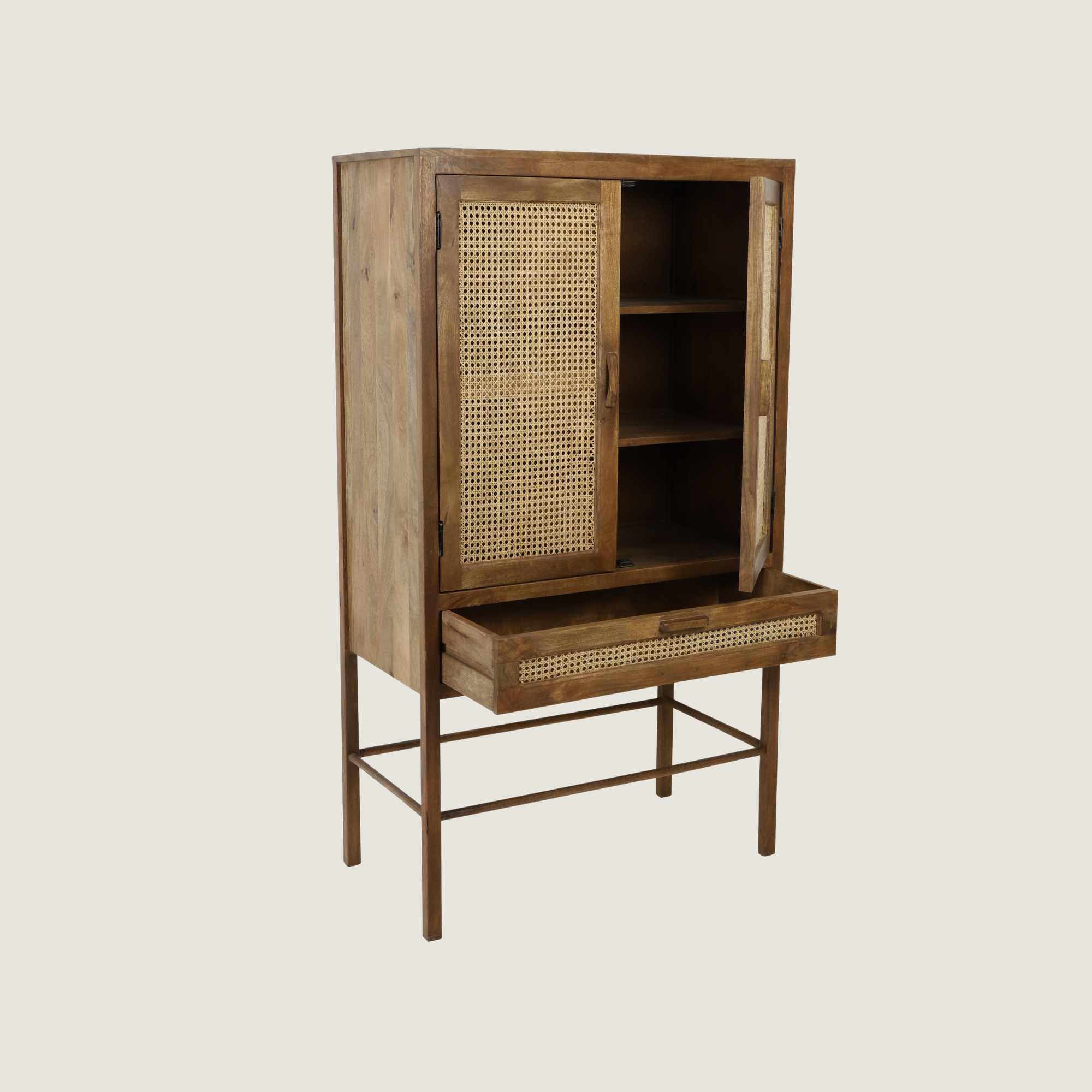 Kyoto - Light Mango Wood & Rattan Standing Display Cabinet
